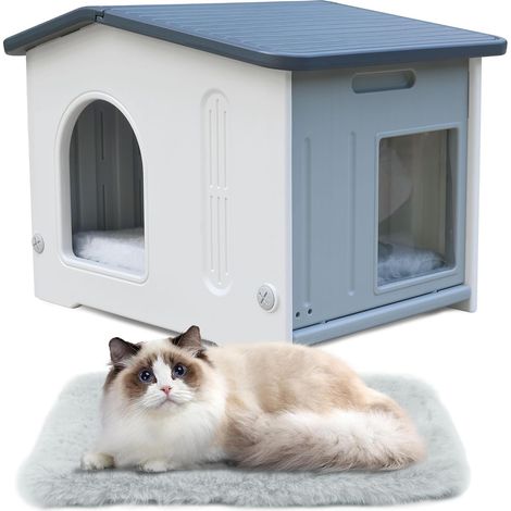 Niche pour chat d'intérieur en plastique sauvage - Maison extérieure pour chats et chiots - Gris (1/5)