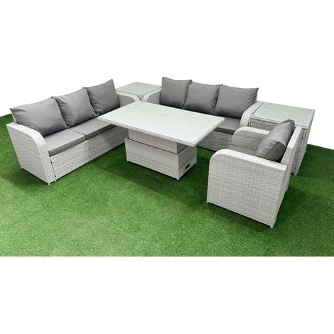 Fimous 7 Seater Poly Rattan Outdoor Garden Furniture Adjustable Lifting Dining or Coffee Table Sofa Set Patio 3 Seater Sofa Reclining Chair 3 Seater Sofa 2 Side Table Light Grey (1/5)