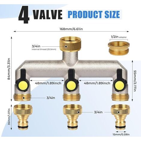 FOREHILL Distributeur ，eau 3 voies pour robinet 3/4. en laiton avec 2 raccords de robinet de 3/4. vers 1/2. pour maison, cour, machine à laver, tuyaux ，arrosage (1/4)