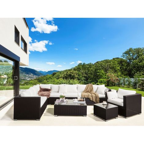Conjunto de jardín para 8 personas con sofá esquinero otomana y cojines de ratán sintético marrón XXL (1/5)