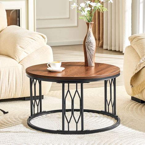 Table basse ronde 70x70x40,5 cm, plateau effet bois, structure métal géométrique, MDF, bords arrondis, pied anneau stable, salon (1/5)