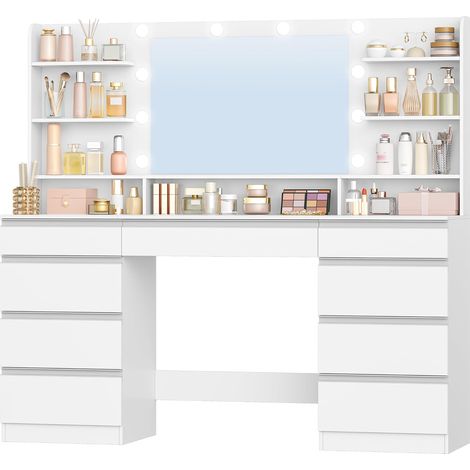 150cm Toeletta Trucco con 10 Luce LED, Bianco-Argento, Postazione Trucco con Grande Specchio HD, 3 Colori, Luminosità Regolabile, 9 Cassettiere, 9 Vani aperti (1/5)