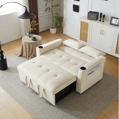Divano letto 137x76.5x83 cm beige in velluto con schienale reclinabile, portabicchieri e tasche laterali (1/5)