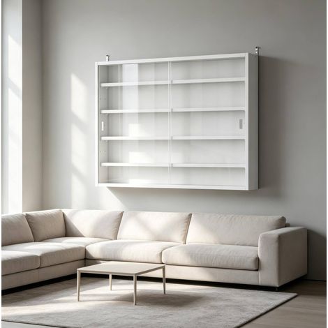 Vitrina de pared de vidrio blanca 80 x 9,5 x 60 cm con estantes regulables (1/5)