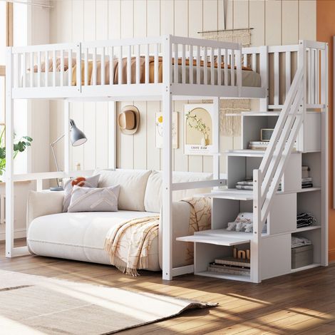 Lit Mezzanine 140x200cm en Pin Massif - Lit Enfant Haut avec Escalier de Rangement et Barrières - Gain de Place - Blanc (1/5)