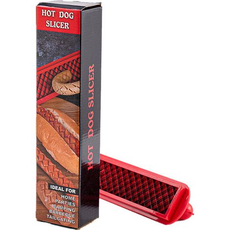 Trancheuse à hot-dogs de 25 cm avec lames en acier inoxydable, coupe rapide et uniforme pour les grillades et les barbecues, ustensile de cuisine facile à nettoyer, rouge