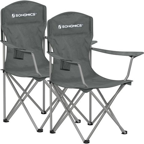 SONGMICS Chaise Pliante Camping, Lot de 2, Chaise de Pêche Extérieur, Dossier Haut, Accoudoir, Porte-gobelet, Portable, Capacité 150 kg, Camping, Jardin, Pêche, Terrasse, Gris Ardoise