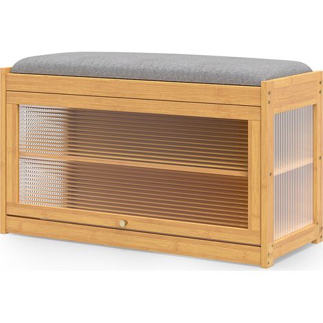 Banc à Chaussures en Bambou à 2 Niveaux, 69 x 31 x 42,5 cm Meuble à Chaussures avec Portes Rabattables Transparentes, Coussin Amovible, Charge 170 kg (1/5)