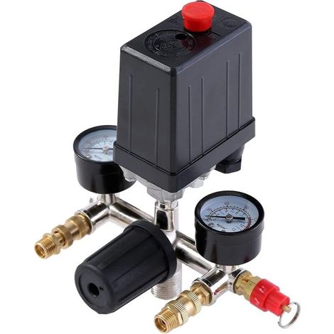 Pressostat de Compresseur d'Air G1/4" avec Double Sorties et Régulateur de Jauges de Soupape de Sécurité (1/5)