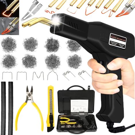 Fer à souder en plastique de 220 W, 2 em 1 soudure en plastique, 800 grammes, réparation contre les chocs de voiture, com 2 brosses à souder, pinces et faces (noir)