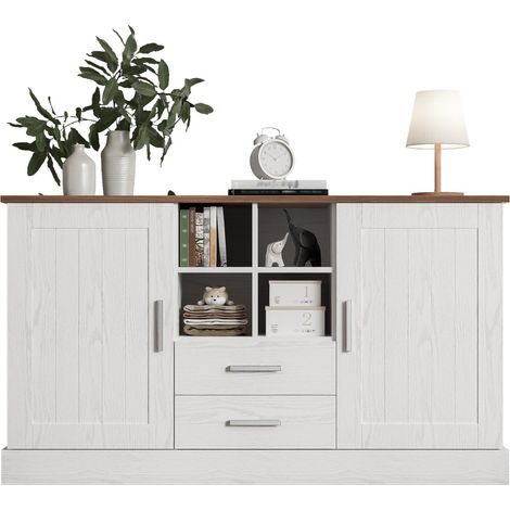 Buffet 140x40x79.5cm - Panneaux latéraux grain bois blanc/marron - Rangement élégant (1/5)