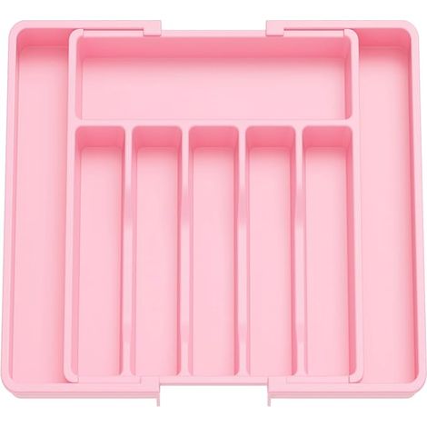 Range Couverts, Plateau d'Ustensiles Extensible pour Tiroir, Organisateur de Tiroir Réglable pour la Cuisine, Rangement Compact en Plastique pour Cuillères, Fourchettes, Rose