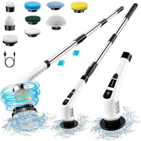 Brosse de nettoyage électrique sans fil, Autolaveuse électrique rotative, Nettoyeur électrique, Brosse de douche avec 9 têtes de brosse remplaçables