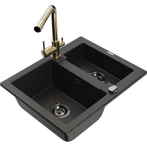 Mexen Carlos fregadero de granito de 1,5 senos con grifo de cocina Duero, negro/oro metálico - 6518-75-671600-50-B (1/5)