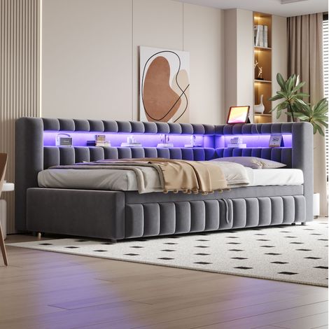 Cama extraíble 90/200 cm en terciopelo gris con LED, USB-C y almacenaje (1/5)