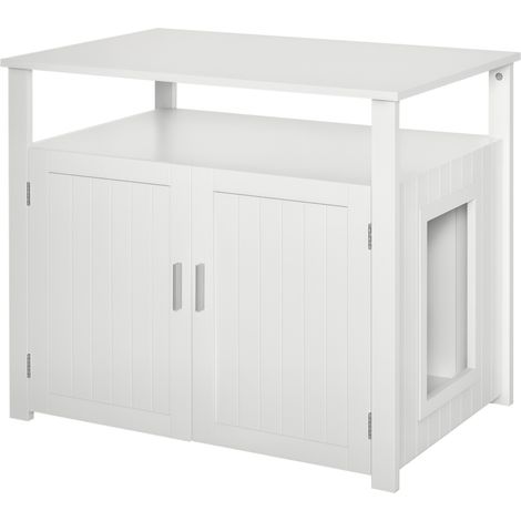 PawHut Wooden Cat Litter Box Enclosure Furniture with Tabletop for Nightstand White (1/5)