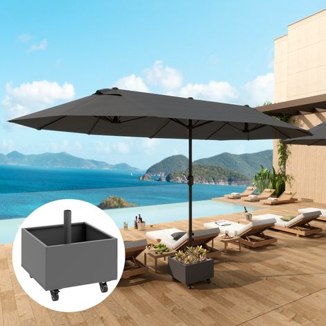 Pied parasol 2-en-1 support roues universelles trous drainage bac fleurs 50x50x46cm, gris foncé