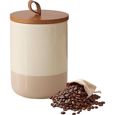 Bocal hermétique en céramique avec couvercle en bois (800 ml) - 1 pièce - Idéal pour le café en grains et le thé - Naturel (1/5)