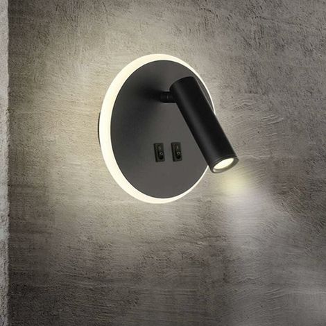 applique led chevet lecture spot double commande applique rotative noir - rond 3W+8W lumière blanche 3000K (1/4)