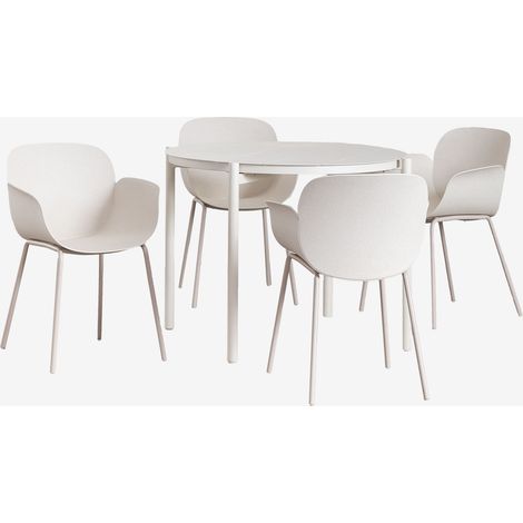 SKLUM Runder Esstisch-Set Ø110 cm aus Aluminium Elton und 4 Esszimmerstühle aus Polypropylen und Stahl Lynette Steinweiß                                  