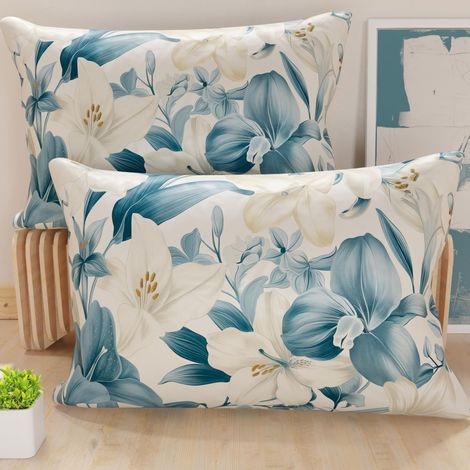 Lot de 2 Taies d'Oreillers 50x70 cm 100% Microfibre Hypoallergénique, Housse Oreiller Rectangulaire Motif Floral Bleu Ciel, Paquet de 2