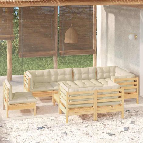 vidaXL Muebles de jardín 9 pzas y cojines madera maciza de pino crema (1/4)
