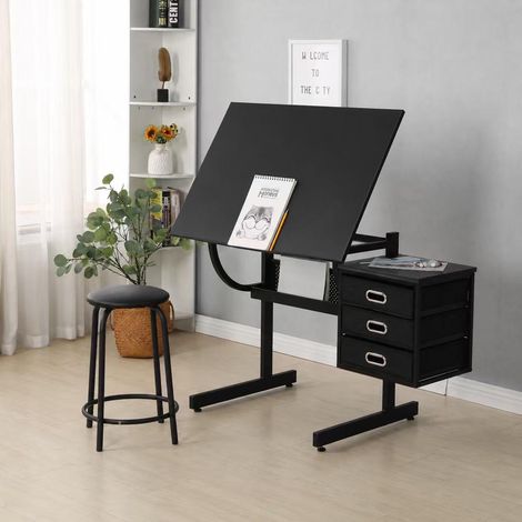 Mesa de dibujo regulable con taburete y 3 cajones, tablero inclinable 0-75°, negra OKMYHOME (1/5)