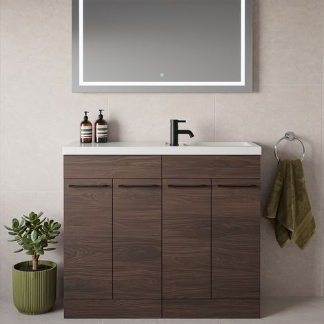 Napoli 250 Brown Oak 1000mm 4 Door Vanity Unit with Square Silvo Basin - 1000mm - Matt Black 160mm Handle