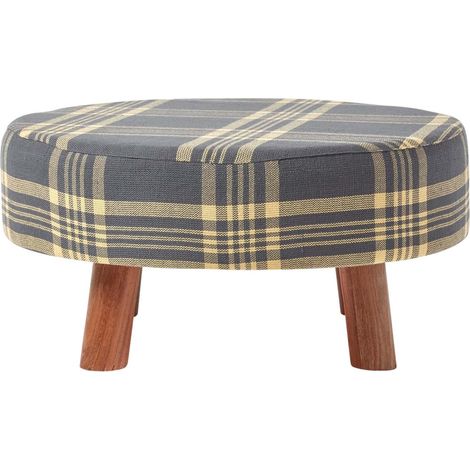HOMESCAPES Hocker grau-gelb kariert Holzfüße 62 Rund