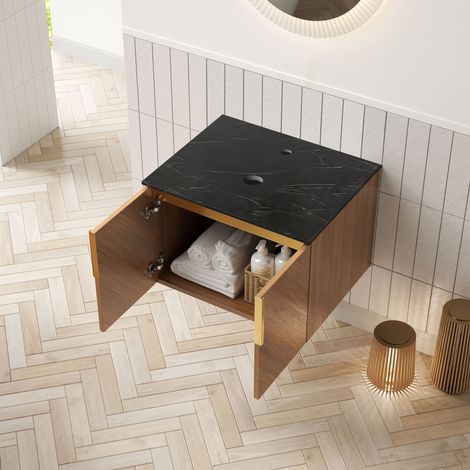Piano di lavoro e mobile ARAI da 61 cm in pietra sinterizzata nera, senza lavello, senza rubinetto e scarico, effetto rovere marrone (1/4)