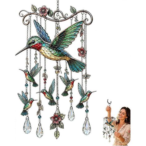 Carillon éolien colibri, carillon d'extérieur, carillon à thème oiseau de 40 cm avec cristaux, décoration de jardin, carillon en métal coloré (1/5)