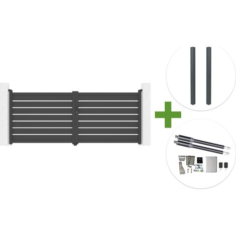 Puerta batiente VOGEL de 3,5 m, 140 cm de altura, gris + 2 postes ELDA + motor RANGER B150