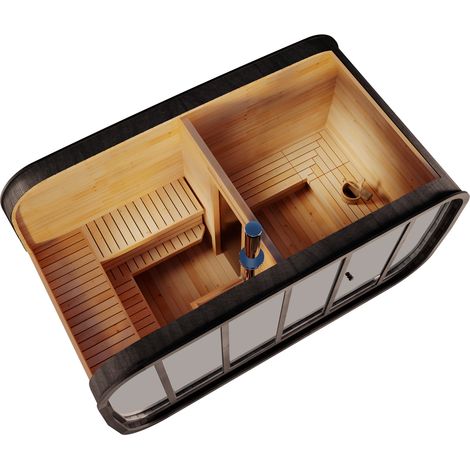 FinnTherm Fasssauna ScandiCube Space black mit Spiegelglas Fasssauna 4 Sitzbänke aus Holz in Schwarz, Sauna mit 42 mm Wandstärke, Außensauna mit Montagematerial