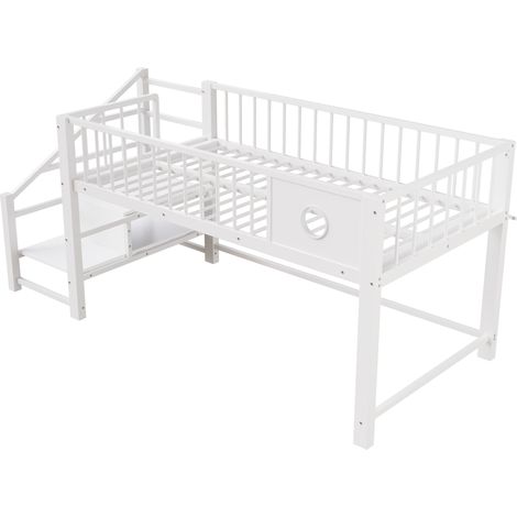 Niedriges Hochbett für Kinder 90 x 200 cm mit Stauraumleiter, weißer Metallrahmen (1/5)