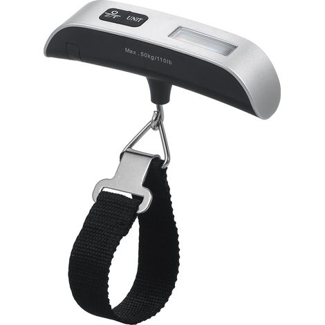 Balance à bagages numérique portable en acier inoxydable avec crochet, écran LCD rétroéclairé et mesure de température. Capacité de charge : 50 kg. (1/5)