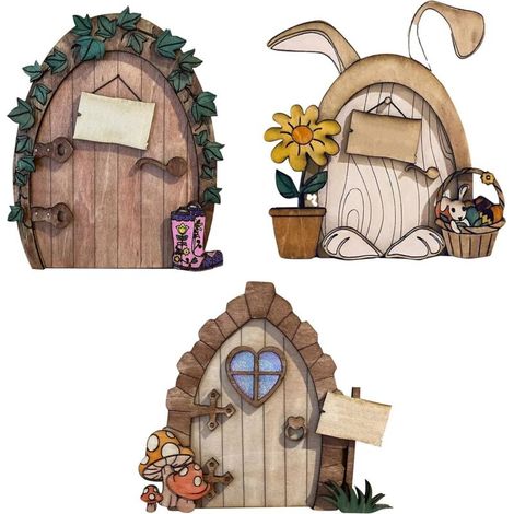 Lot de 3 Porte de Fées et Souris Miniature en Bois Décoration Jardin Extérieure Accessoire Fairy House Porte Petite Souris pour Arbre Mur Cadeau Enfant Anniversaire