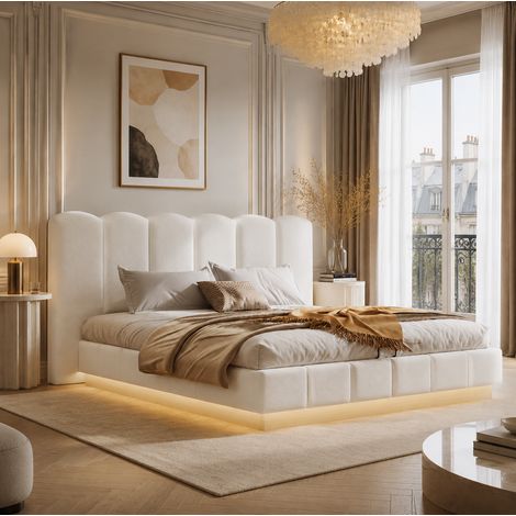 Lit coffre 180x200 cm avec sommier à lattes, rangement hydraulique, en bouclé, blanc, sans matelas (1/5)