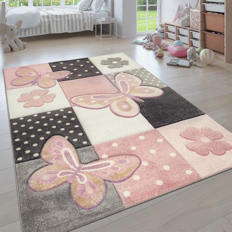 Paco Home Tappeto per Cameretta dei bambini Colori pastello Motivo a quadri con Farfalle Punti Fiori Variopinto 160x230 cm