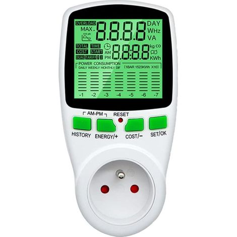 Prise Compteur dÉnergie, Consommation d'Énergie Mètre Wattmètre avec 11 Mode et l'écran LCD, Double Tarif Compteur pour Économie dEnergie, Surcharges de Protection, 3680W Max (1/5)