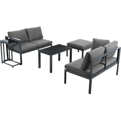 ELVMI Salon de Jardin mit 2 Sofas, 1 Sessel, 1 Tisch und 1 Beistelltisch, Kissen, Eisen und Glas, Grau (1/4)