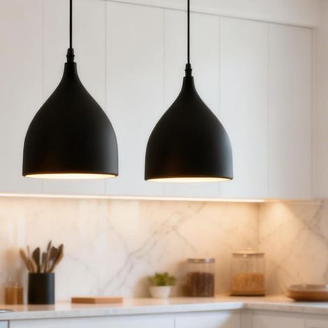 2 suspensions industrielles vintage modernes, Ø17 cm avec douille E27, lampe suspendue noire, plafonnier, lustre en fer pour cuisine, salon, salle à manger, blanc chaud