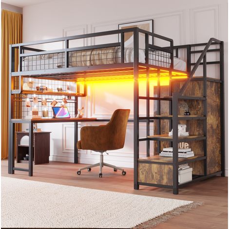 Letto a soppalco in metallo nero 140x200 cm con scrivania, scaffale, scala contenitore e luce