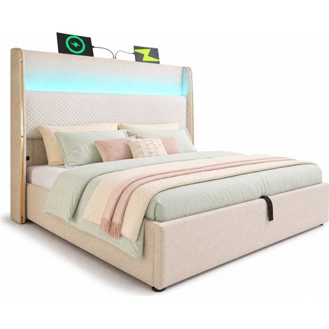 CHICFURN lit coffre hydraulique tete de lit haute avec LED et ports USB Type C AB20303132B 160 x 200 cm beige (1/5)