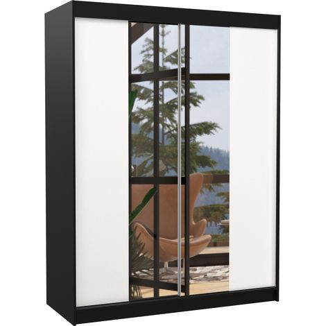 Armoire de chambre noir 2 portes coulissantes bois blanc et miroir Zomka 150cm (1/5)