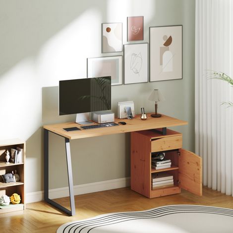 Bureau d'Ordinateur avec Placard et Tiroir 135 x 60 cm, Étagère Réglable, Pieds en Métal, Style Industriel, Bois Naturel (1/5)