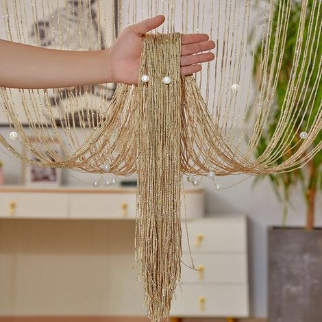 Rideau de porte en perles 100 x 200 cm, moustiquaire et rideau décoratif au design moderne, finition dorée (1/5)