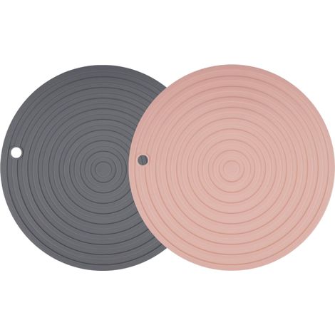 Set mit 2 runden Katzenmatten (24 cm, Silikon), rutschfest und wärmeisolierend, Rosa + Hellgrau.