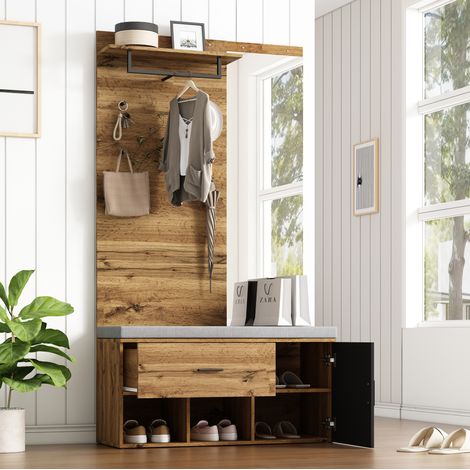 190 cm hohes Garderobenset in Holzoptik mit Spiegel, Schuhbank (104 x 39 cm) mit Polster, Schuhschrank, Schublade, Regal, Kleiderhaken – Praktisches Design für den Eingangsbereich (1/5)