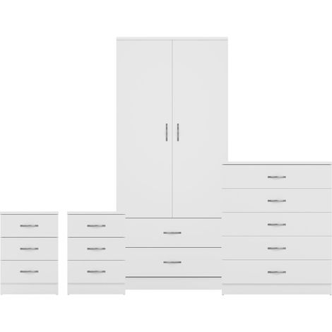 Riano 4 Piece Bedroom Set (3 Drw Bedside Chest, 5 Drw Chest, 2 Dr 2 Drw Wardrobe), White (1/3)
