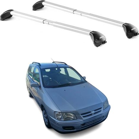 OMAC Barres de toit transversales certifiées TÜV pour Mitsubishi Space Star mk1 1998-2005 – Verrouillables (4 antivols) – Charge max 100 kg – Sangle inox + protection caoutchouc Argent (1/4)